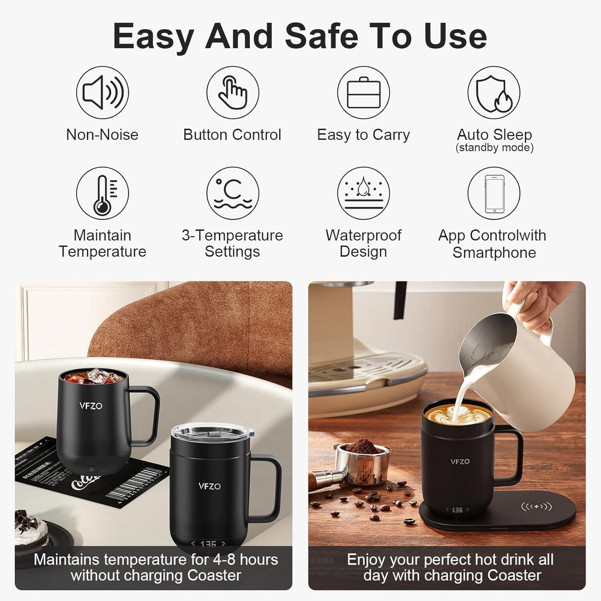 VFZO Self Heating Coffee Mug,High-Capacity- 18 oz, 180 Min Battery Life, Smart Heated Coffee Mug，Smart Mug, Simple Temperature Control Operation, Gifts for Family Members (Tintenschwarz)