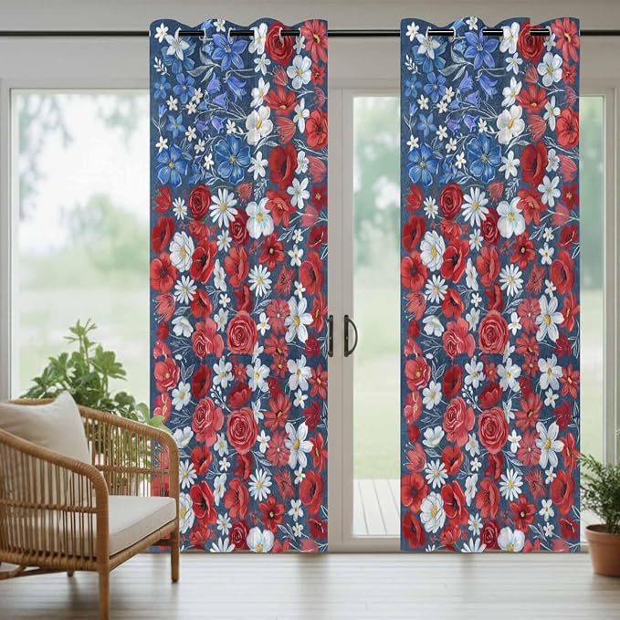 4th of July Outdoor Curtains for Patio Patriotic Flowers Farmhouse Red