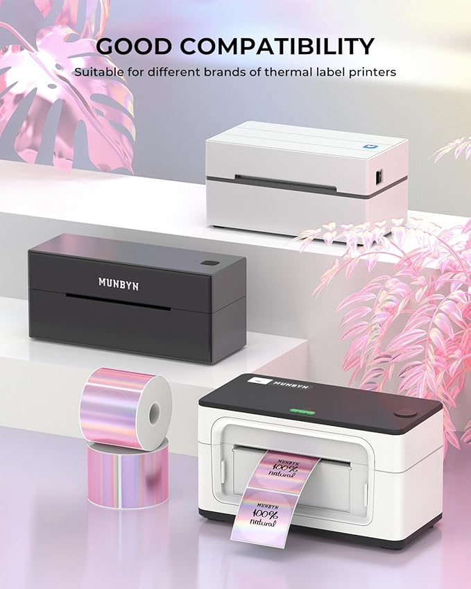 MUNBYN 2" Circle Holographic Thermal Label Stickers Pink, Round Printable Rainbow Glitter Thermal Printer Sticker Labels for Gift Wrapping, Self-Adhesive Name Price Tag DIY Custom Logo Design