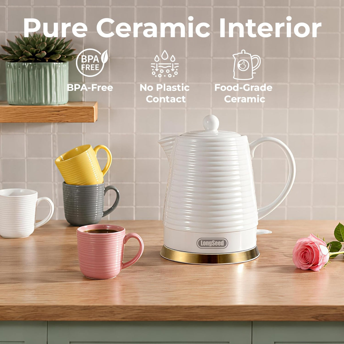 LONGSEED 1.2 Liters Ceramic Electric Kettle with Infuser & Mug Set, 1000W Fast Boil Water for Tea and Coffee, Teapot with Boil-Dry Protection and Auto Shut-Off, Detachable Swivel Base