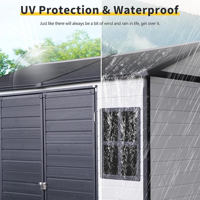 8' x 6' Resin Storage Shed Outdoor, PP Material & Strong Structure for All Weather, Plastic Garden Shed w/Window for Garden, Backyard, Poolside and Lawn, 15mm Thick PP Board - White