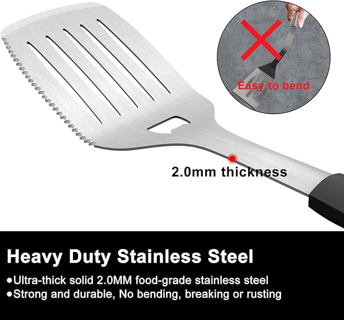 POTWIY 15.8'' Stainless Steel Grill Spatula for Outdoor Grill, 3-in-1 Metal BBQ Spatula Turner with Full Tang Silicone Handle and Serrated Edge, Heavy Duty Barbecue Tools Spatula for Grilling Cooking