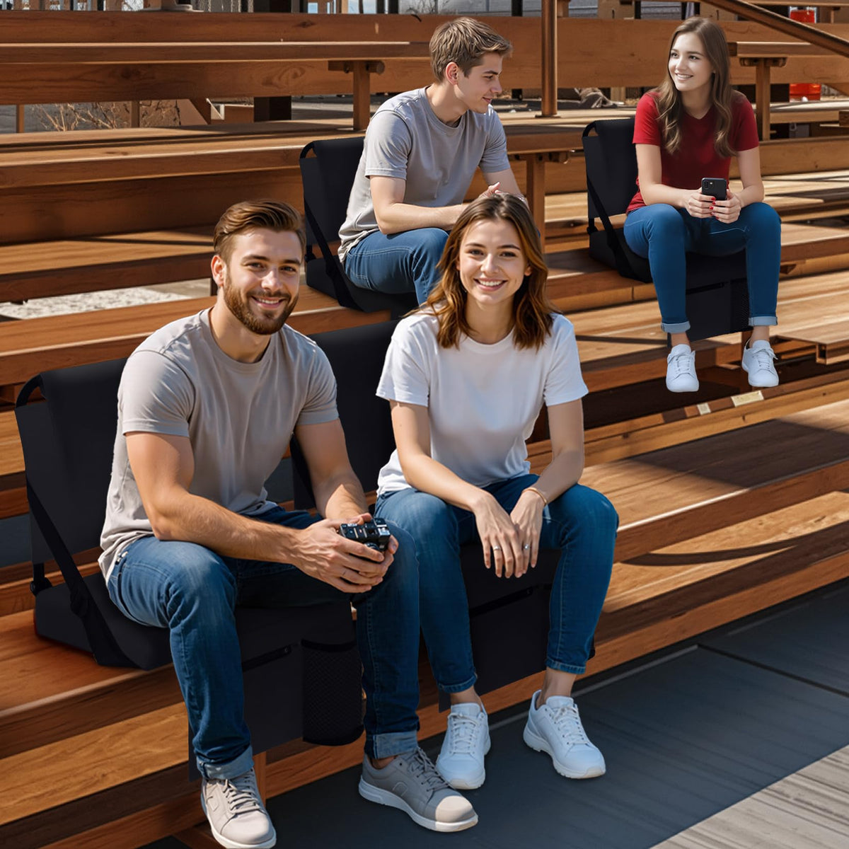 ACIPENSER 2pcs Stadium Seat for Bleachers with Back Support，Portable Bleacher Chairs with Back and Cushion，Includes Shoulder Strap and Cup Holder,Black