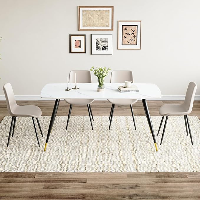 White Modern Dining Table Set for 4, 62'' Rectangular Sintered Stone Table with 4 Chairs