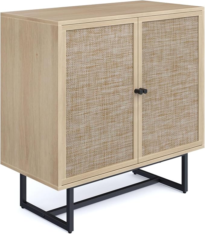 Nathan James Kova Rattan Wood Accent Sideboard Storage Cabinet TV Stand with Matte Metal Frame, Adjustable Shelves and Cane Doors, for Hallway, or Living Room, Light Oak/Cane/Black, Set of 4