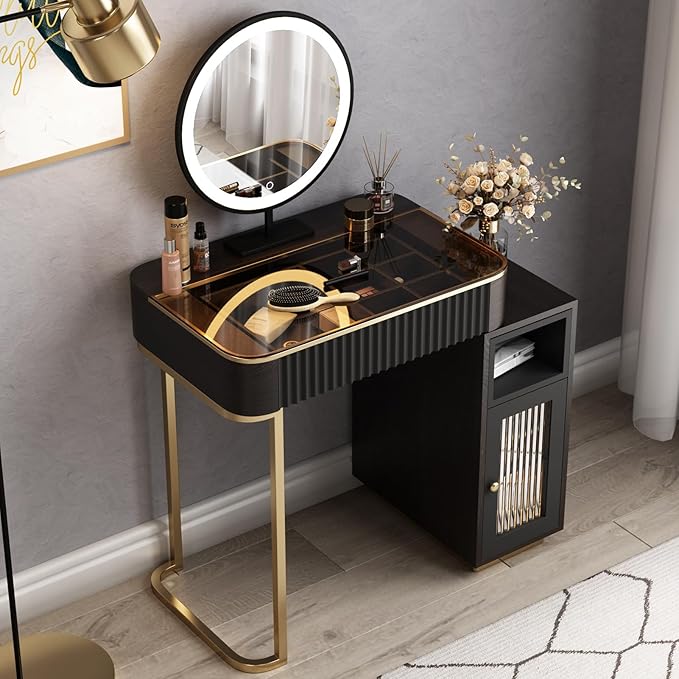 Lartis Makeup Vanity, Makeup Vanity with LED Makeup Mirror, Three Adjustable Light Levels, Tempered Teal Glass countertop