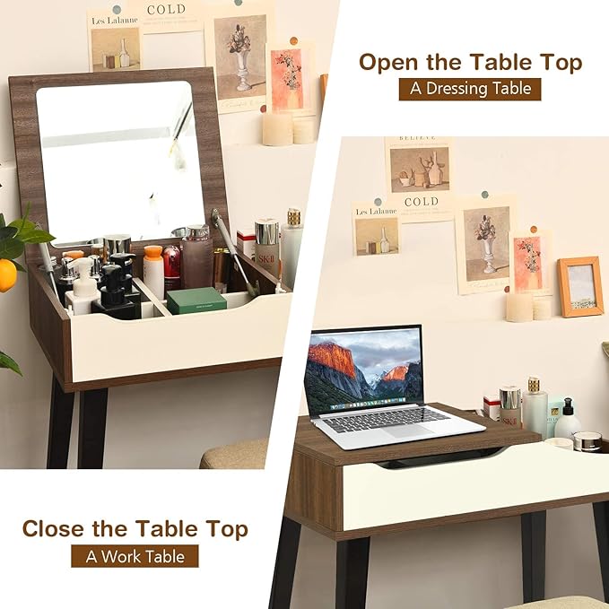 CHARMAID Vanity Desk with Flip Top Mirror, Storage Compartments, Removable Dividers, Bedroom Makeup Dressing Table, Wooden Vanity Set Writing Desk with Stool for Kids Girls Women