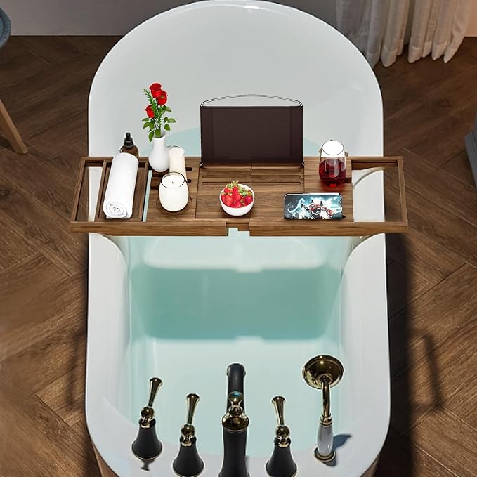 Premium Teak Bathtub Tray Caddy, Wooden Bath Caddy Trays for Bathtub, Bath Tub Wood Tray Table for Tub,Expandable Size, Fits Most Bath Tubs