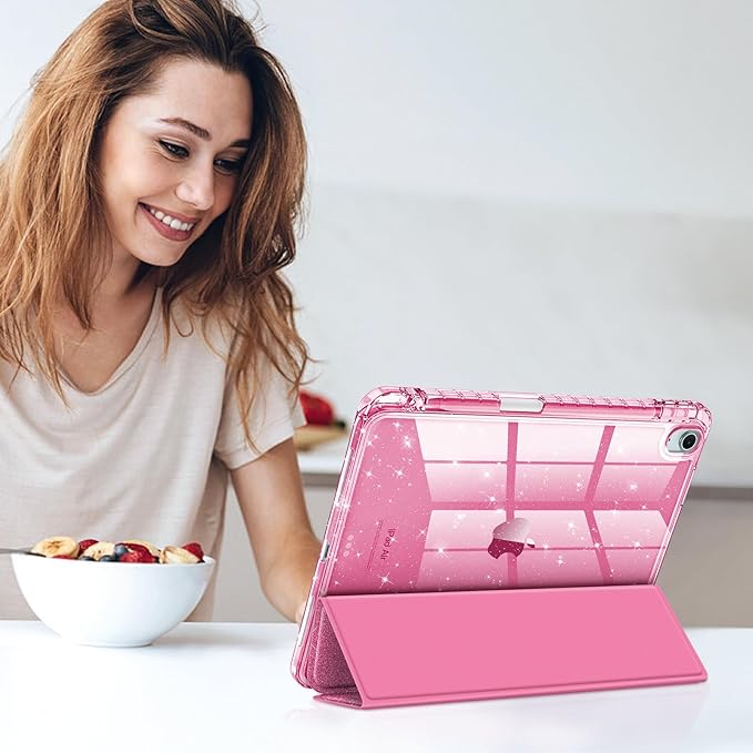 Fintie Slim Case with Pencil Holder for iPad Air 11-inch M4/M3/M2 (2026/2025/2024), iPad Air 5th (2022) / 4th Generation 10.9 Inch - Glittering Sparkly Cover with Shiny Clear Back Shell, Pink