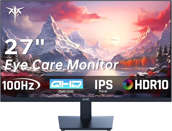 KTC 27 Inch QHD Computer Monitor, 2K 100Hz IPS Gaming Monitor, 1440P Frameless Eye Care PC Office Monitor with HDMI/DP, FreeSync & G-Sync, HDR10, VESA, Tilt Adjustable