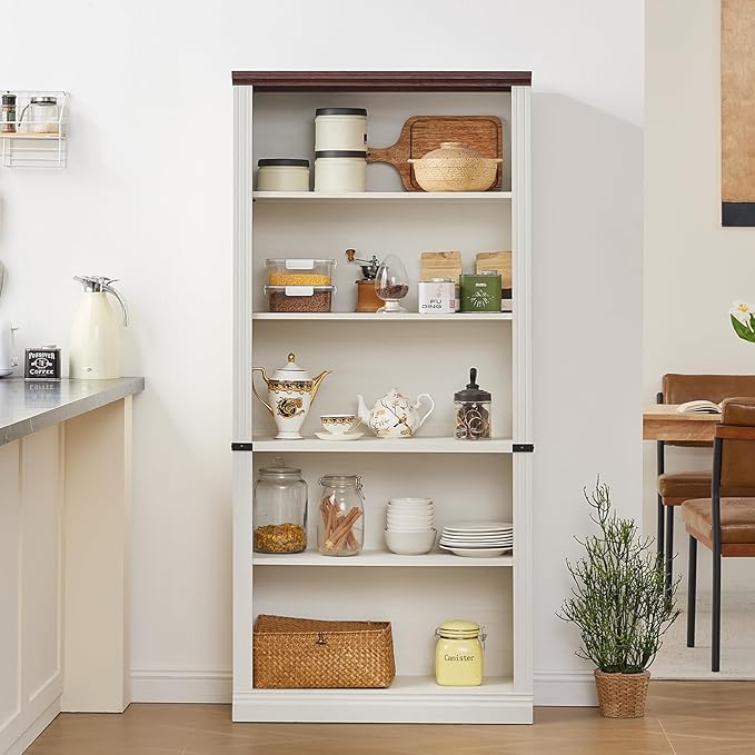70" White Tall Bookshelf Set of 2,5-Tier Thick Wooden Book Shelf with Adjustable Shelves,Free Standing Farmhouse Bookcase with Open Display Storage,Floor Vintage Bookshelves for Living Room