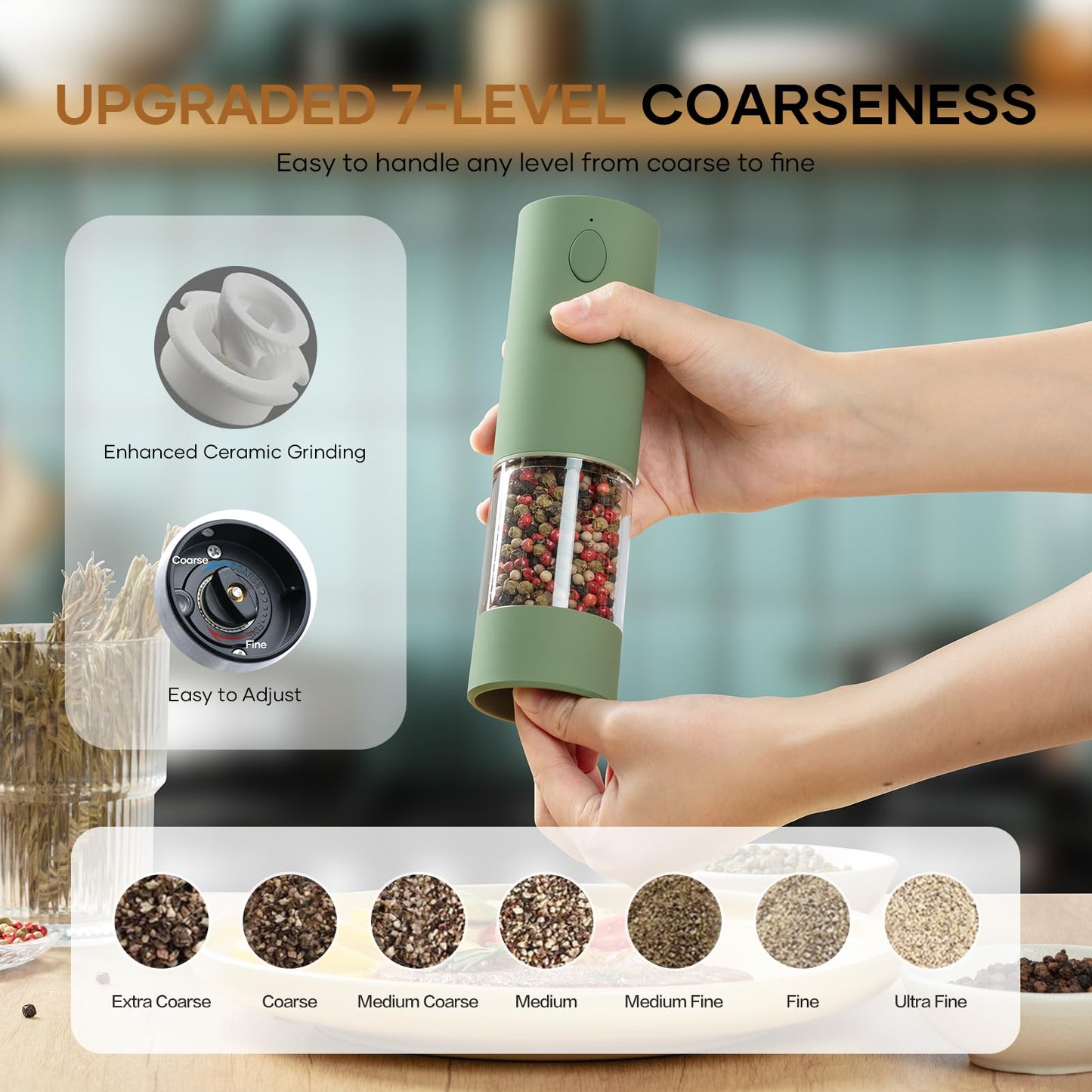 OPIIV Electric Salt & Pepper Grinder Set (2 Pack) – USB Rechargeable, Adjustable Coarseness, One-Handed Operation with LED Light – Automatic Spice Mill Shaker for Kitchen, Dining, or Camping
