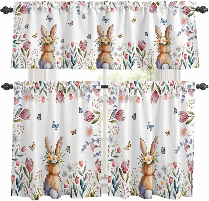 Kitchen Curtains Tiers and Valance Set of 3, Easter Light Filtering Window