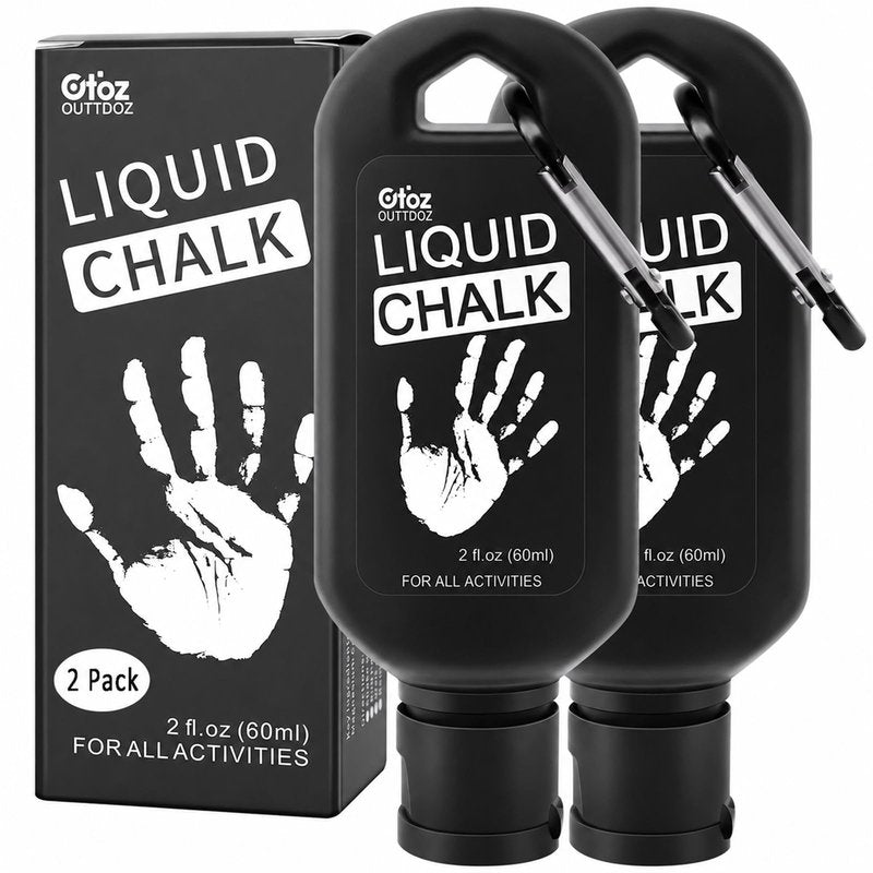 OUTTDOZ Liquid Chalk 2 Pack, 2 oz Gym Chalk with Carabiner Bottles & Retail Box, Mess-Free Sweat-Resistant Grip for Weightlifting, Gymnastics, Rock Climbing (2 Pack, 2 oz)