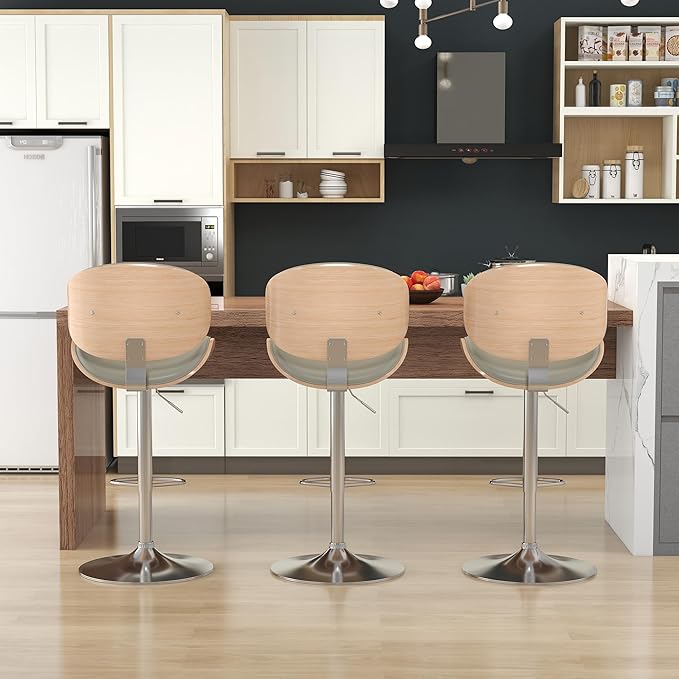 KCC Bar Stools Set of 6, Swivel Adjustable Height Barstools, PU Leather Upholstered Bar Chairs with Footrest, Bentwood Bar Stool for Kitchen, Bar, Dining Room(Grey PU)