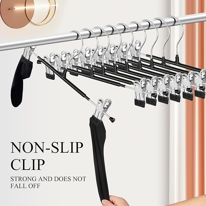 60 Pack 14 Inch Heavy Duty Pants Skirt Hangers with Clips,Metal Trousers Hanger for Jeans Black Non Slip Women Shorts Hangers Saving Space Clothing Hanger for Adult,Men,Children,Kid,Baby