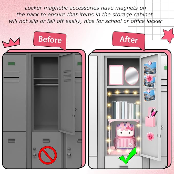 Patelai 11 Pcs Locker Accessories Kit Included Locker Shelf Magnetic Mirror Pen Holder Whiteboard Marker Faux Fur Rug Light String and Magnet for Back to School Essentials(Pink)