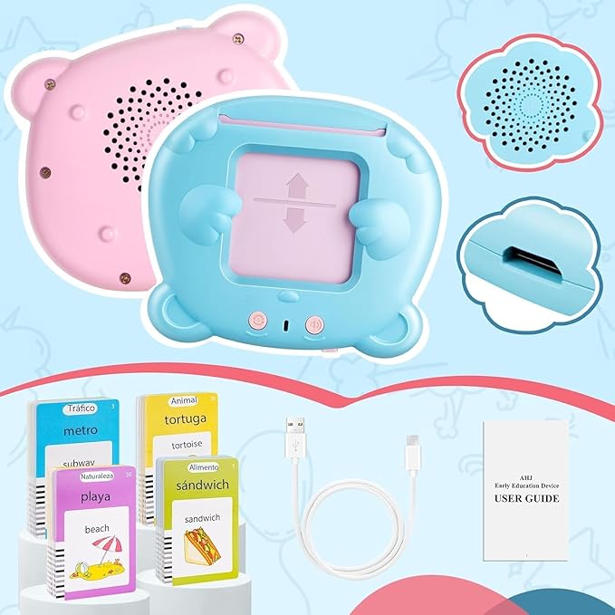 Spanish & English Talking Flash Cards for Toddler, Bilingual Flash Cards Learning Montessori Toys with 224 Sight Words, Speech Therapy Toys for Children Sensory Preschool Education