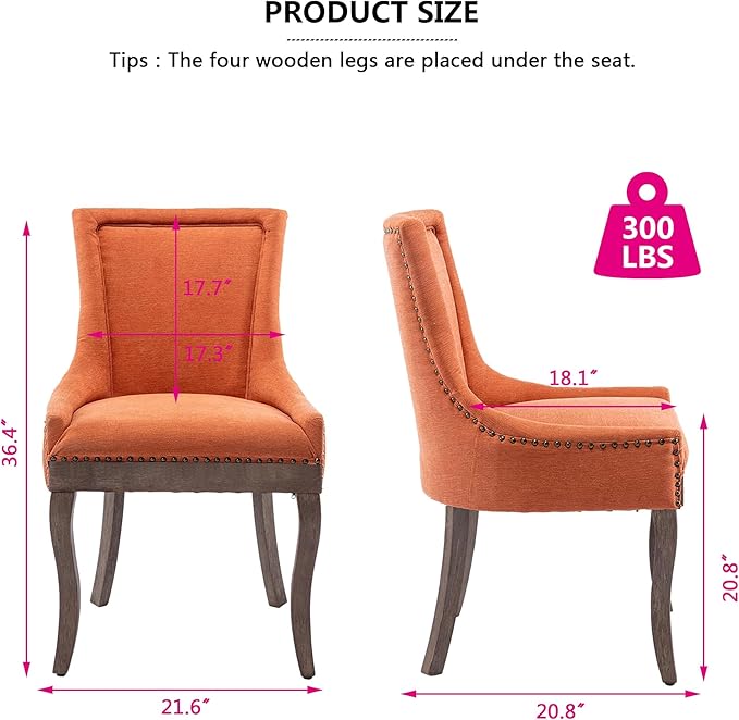 Farmhouse Dining Chairs Set of 4, Upholstered Fabric Dining Room Accent Chairs with Wood Legs & Bronze Nailhead, High Wingback Kitchen Chairs for Living Room Hotel Apartment, Orange