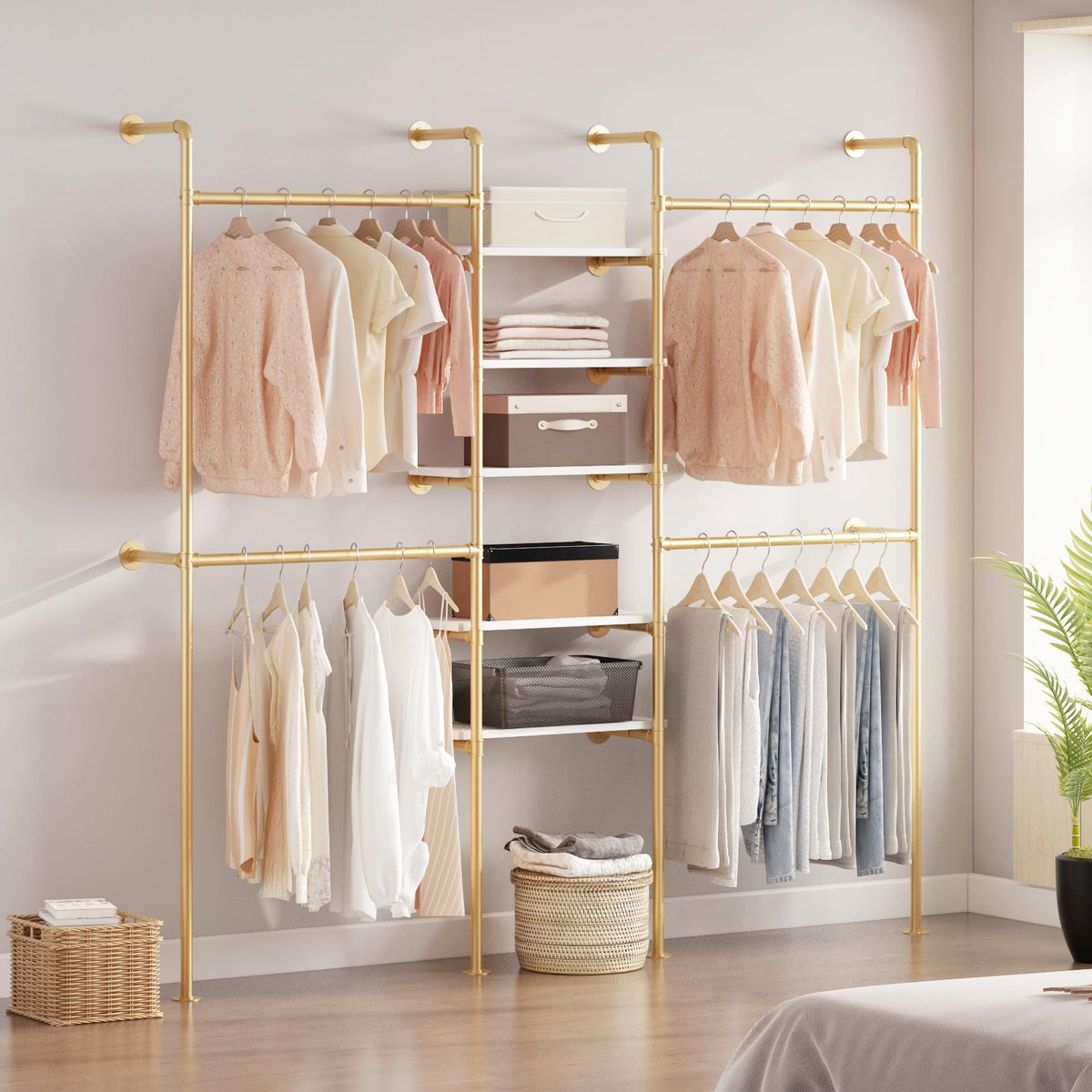 WTPLWD Industrial Pipe Clothing Racks with 5 Shelves, Wall Mounted Gold Clothes Rack for Hanging Clothes, Gold Wall Clothing Rack, Heavy Duty Clothes Rack for Walk in Closet, Laundry Room