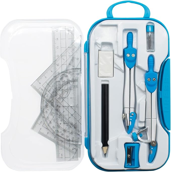 Geometry Set 10 Pcs Student Supplies with Storage Box, Includes 3 PCS Rulers, 2 Types Compasses, Protractor, Pencil, Pencil Sharpener, Eraser and Pencil Lead for Drafting and Drawings