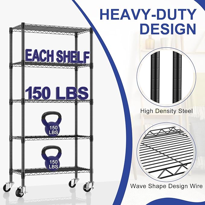 3 Pack 5 Tier Shelving Unit Wire Rack, Heavy Duty Adjustable Shelf Rolling Storage Shelves with Wheels, 14" D x 30" W x 60" H 750 lbs Capacity Kitchen Garage Pantry Shelves for Small Spaces
