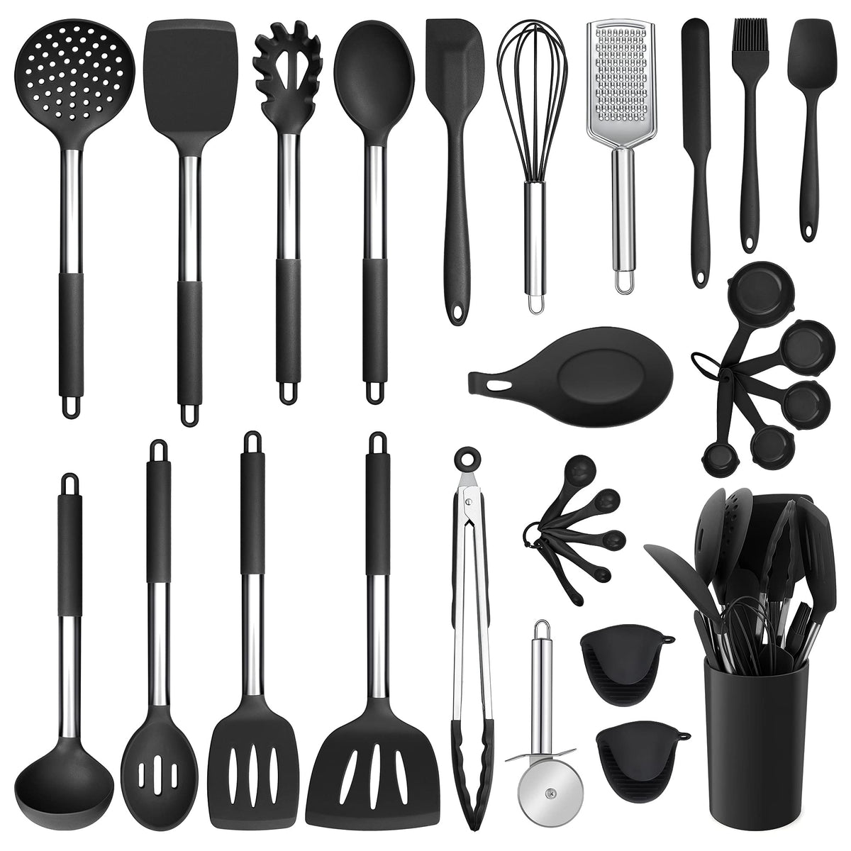 E-far Silicone Cooking Utensils Set, 30-Piece Black Kitchen Utensils Set
