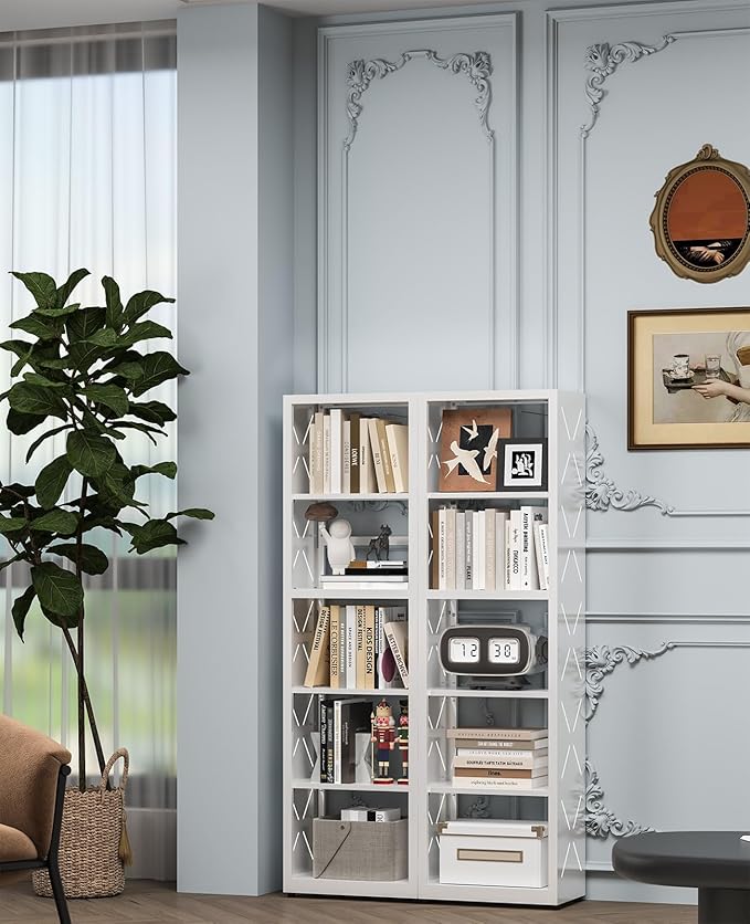 5-Tier Metal Bookshelf, Adjustable Bookcase with Anti-Tip Kit & Leveling Feet, Heavy-Duty Metal Storage Organizer, Modern Corner Shelves for Kitchen, Garage, Home Office