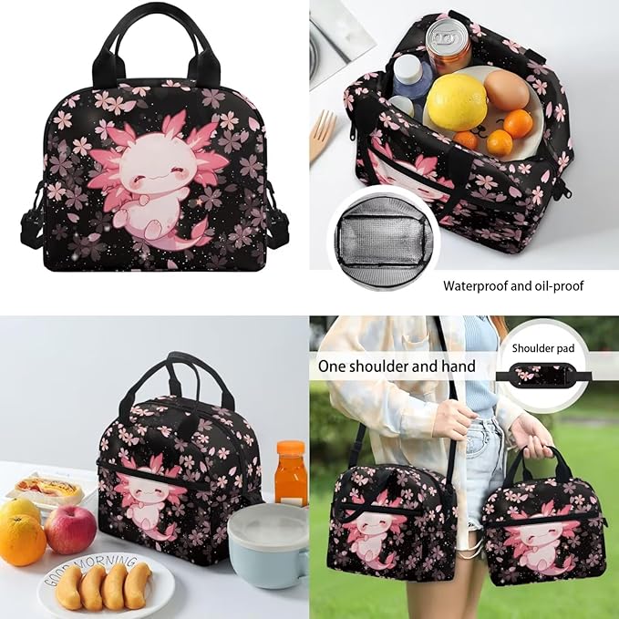 Cherry Blossom Axolotl Backpack for Girls with Lunch Box Pencil Purse 4pcs/set Kids School Bag 1st 2nd 3rd Grade Bookbag Kindergarten Schoolbag Middle School Water Bottle Sleeve