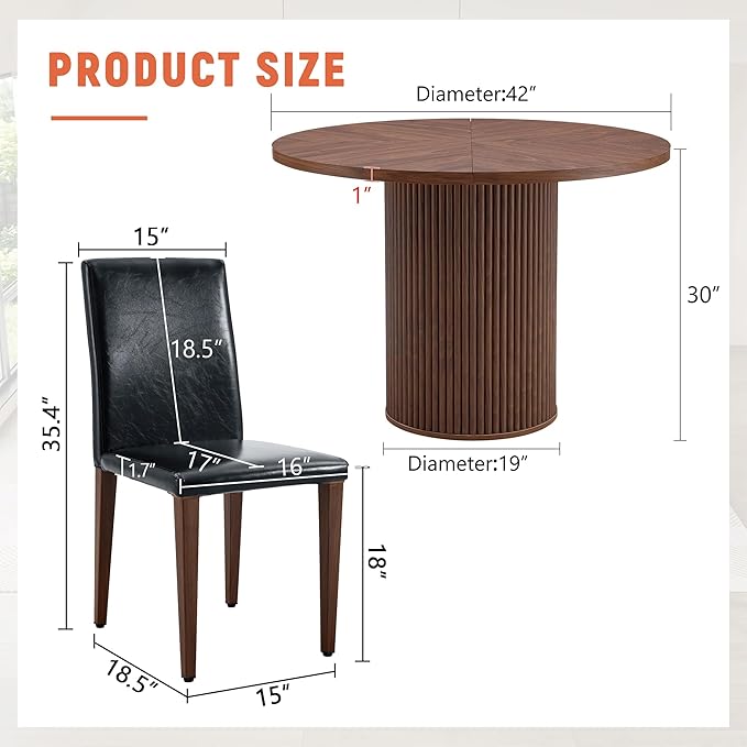 AZmac Round Dining Table Set for 4, Wooden Round Table 5-Piece with Modern Farmhouse Dining Table and 4 PU Leather Chairs for Kitchen Dining Room, Walnut Table + 4 Black High Back Chairs