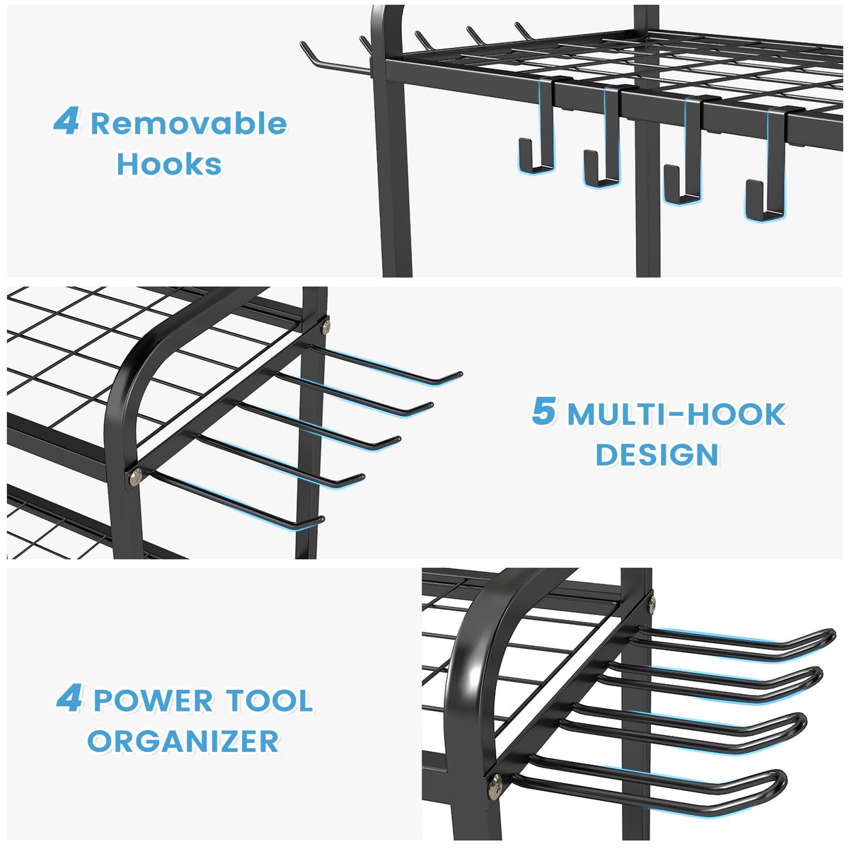 Hadulcet Garden Tool Organizer, Metal Garage Organization and Storage with Lockable Wheels, Garden Tool Rack with Storage Hooks, Heavy Duty Yard Tool Organizer for Garage, Shed, Lawn, Outdoor, Black