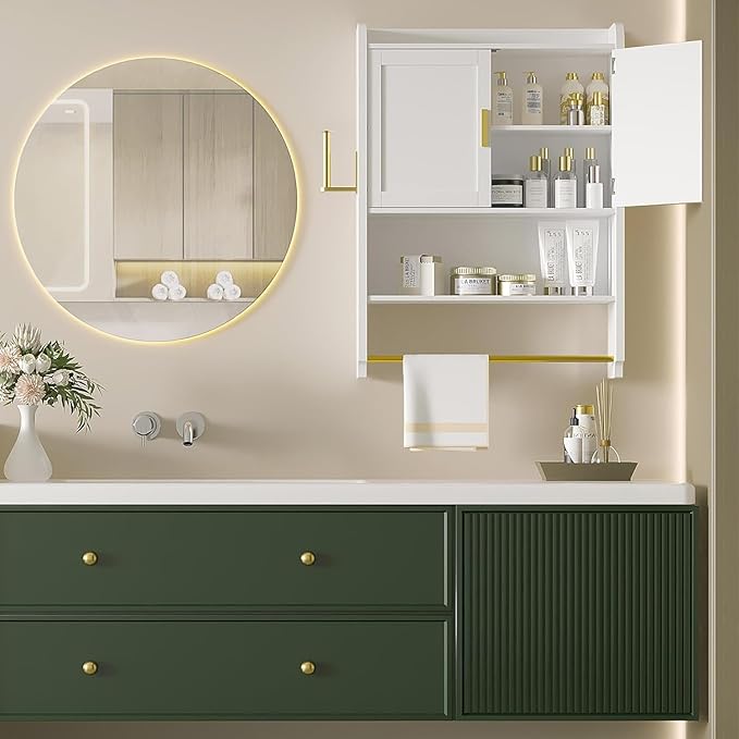 VECELO Bathroom Wall Cabinet, Wall Mounted Medicine Cabinet, Space Saver Storage Cabinet with Towel Bar for Bathroom Laundry Room Kitchen