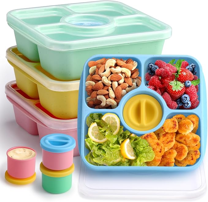 Bento Snack Box Containers for Adults Kids, 4 Pack Lunchable Meal Prep Containers Reusable, Stackable Bento Lunch Box, Food Storage Prep Containers with Lids and 4 Sauce Cups, Pastel Color, Clear Lid