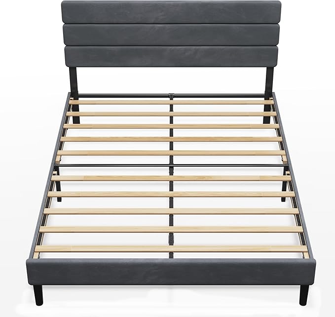 WLIVE Queen Size Upholstered Bed Frame, Velvet Square Tufted Headboard, Sturdy Metal & Wooden Slats Support, No Box Spring Needed, Light Grey