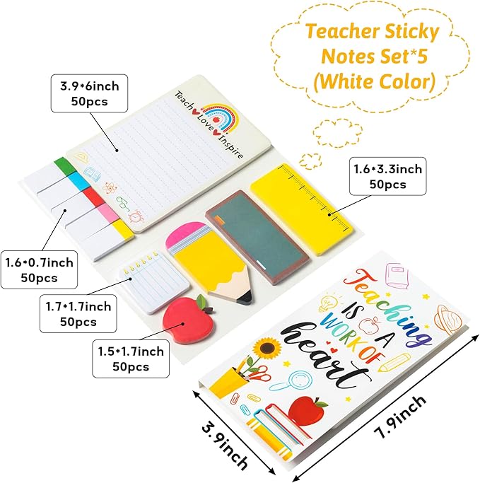 Xqumoi 5 Pack Teaching is A Work of Heart Sticky Notes Set - Ruler Blackboard Pencil Apple Shape Self-Stick Note Pads Teacher Appreciation Gift Writing Memo Pads Page Marker School Office Supplies
