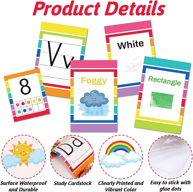 67 PCS Classroom Alphabet Number Educational Poster Cards with Weather Shape Color Learning Cards Decorations, Colorful Rainbow Bulletin Board Letter, School Home Wall Decor for Teacher