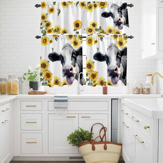 Kitchen Curtains Tiers and Valance Set of 3, Cow Sunflowers Light Filtering