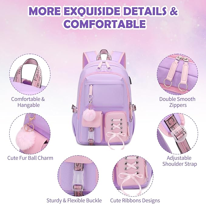 Backpacks for Girls, Girls Backpack with Lunch Box and Pencil Case for Teen Kids Elementary Middle High School College Student, Children Backpack Bookbag with USB Charging Port (Pink Purple)