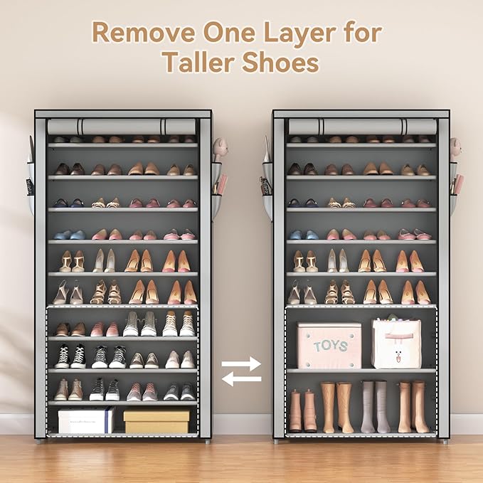ROJASOP Shoe Rack with Covers, Stackable 10 Tier Tall Shoe Shelf Storage 50-55 Pairs Shoes and Boots Large Capacity Vertical Shoe Rack Organizer for Closet Entryway Garage Bedroom, Grey