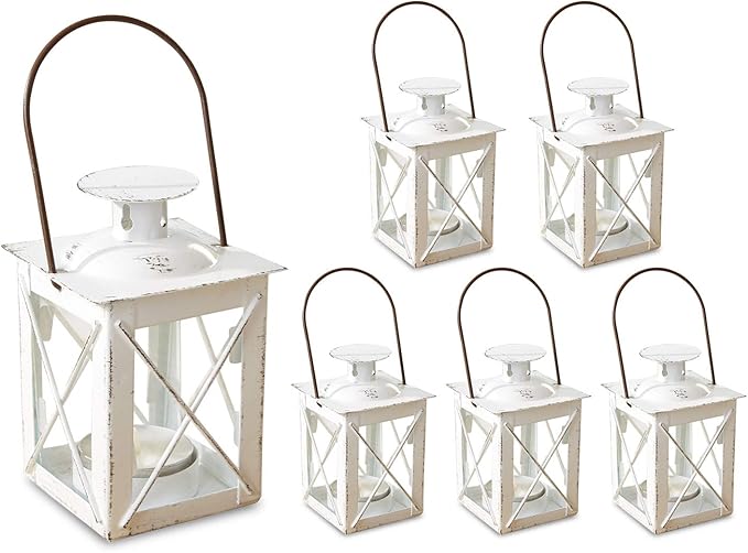 Kate Aspen Decorative Lanterns - Set of 6 - Luminous Distressed Metal Lantern Candle Holders for Wedding, Home Decor and Party - 4.5" H (6.5" H with Handle) – White