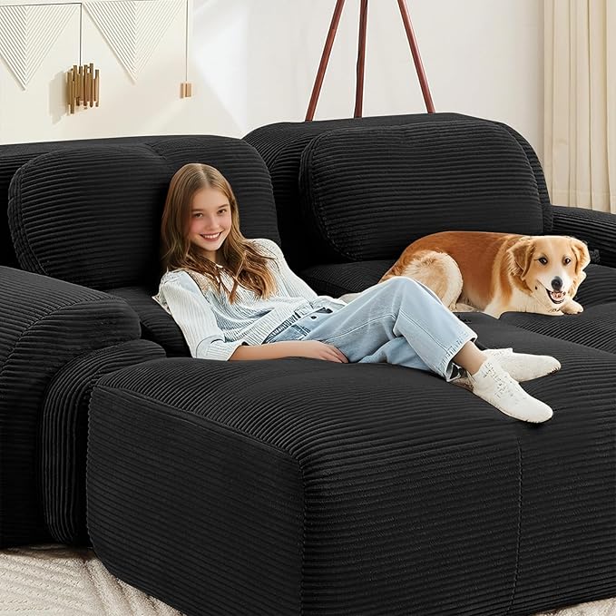 116" Modern Compressed Boneless Couch, 3 Seater Sectional Couches for Living Room, Black Corduroy Cloud Modular Sectional Sofa, Comfy Memory Foam, Extra Deep, Sofas para Sala, No Assembly
