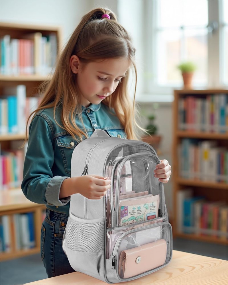 KIMNERPU Clear Backpack, Fabric & PVC Transparent Backpack with Reinforced Strap for Women Men, Heavy Duty Transparent Bookbag, Large Capacity Clear Bag, Travel, Security, Grey