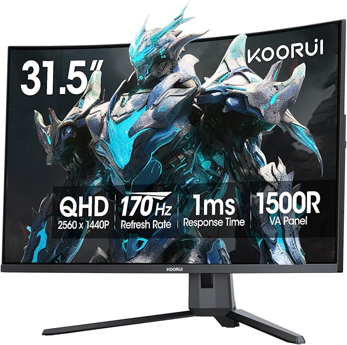 KOORUI 32 inch Curved Gaming Monitor, QHD (2560 x 1440) 2K 170Hz 144Hz Monitor, 1ms 1500R Display, 90% DCI-P3, Adaptive Sync, Tilt Adjustable, VESA Compatible, DisplayPort HDMI, Black