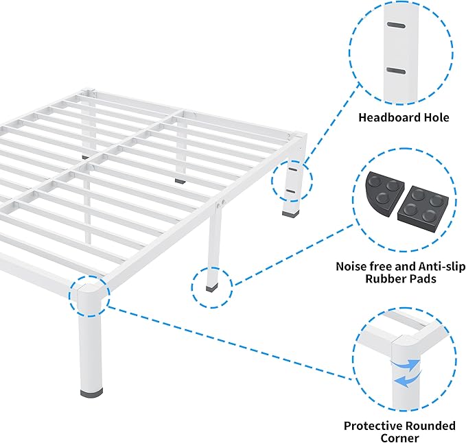 ROIL 18 Inch White California King Bed Frame with Rounded Corner and Headboard Hole Mattress Retainers 3500LBS Heavy Duty Steel Slats No Box Spring Needed Platform Noise-Free Easy Assembly