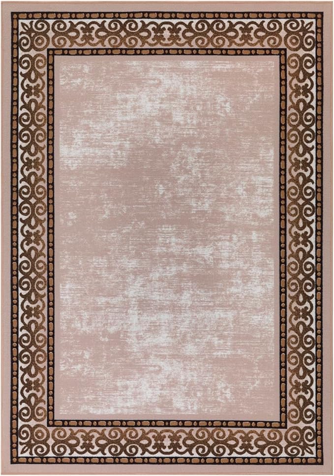 Antep Rugs Alfombras Bordered Modern 4x6 Non-Slip (Non-Skid) Low Pile Rubber Backing Indoor Area Rug (Beige, 4' x 5'8")