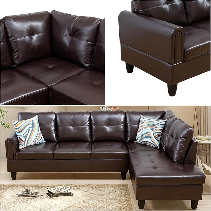 Large Storage Ottoman Sectional Sofa, L-Shaped Couch with Reversible Chaise, Space Saving Design, Gray Fabric with Accent Pillows. (Leather)