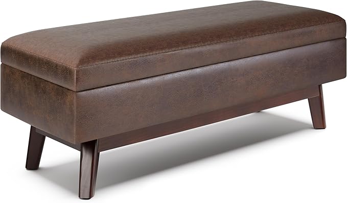 SIMPLIHOME Owen Rectangular Storage Ottoman - 48 inch Wide Upholstered Vegan Leather Lift-Top Ottoman in Distressed Chestnut Brown, Mid-Century Modern Ottoman for Living Room with Tufted Detail