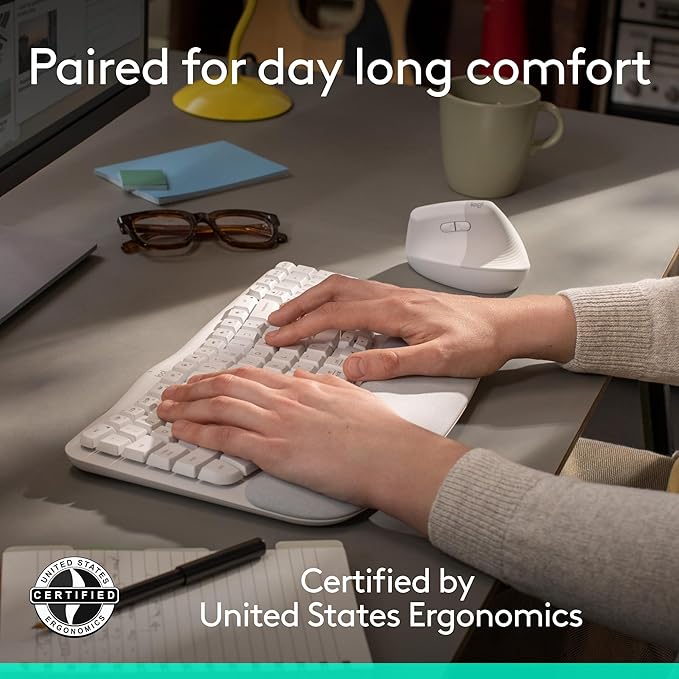 Logitech Wave Keys & Lift Vertical Mouse - Ergonomic Wireless Keyboard and Mouse Combo - with Cushioned Palm Rest, Easy-Switch, Bluetooth, for Multi-OS, Windows/Mac - Off-White