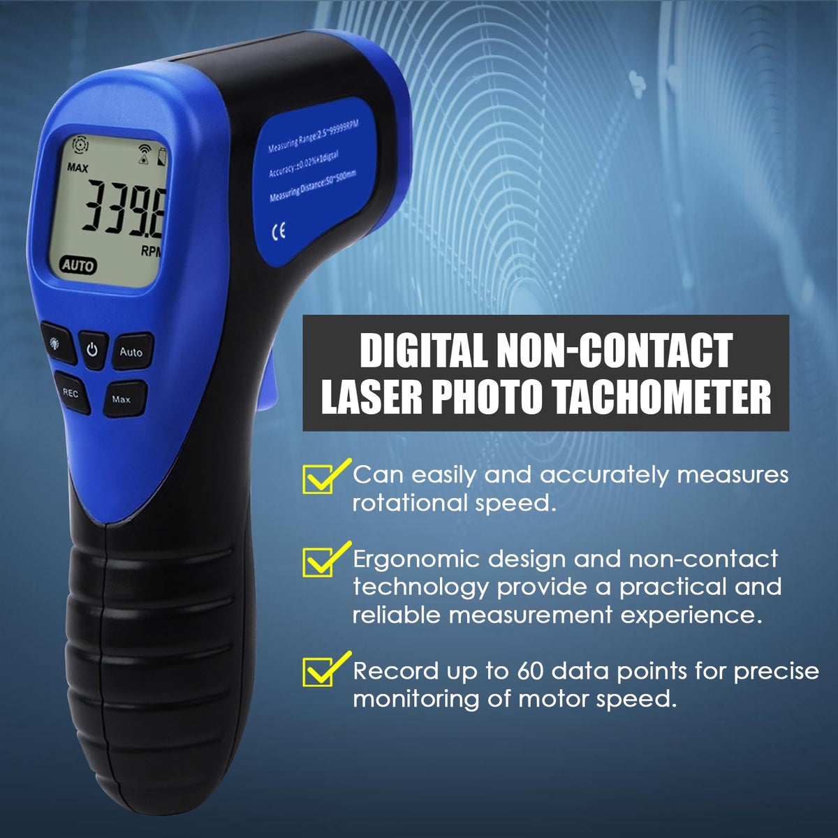 Laser Photo Tachometer Motor Speed Gauge Tester Non-Contact RPM Meter Motor Speed Gauge Gun - Accurate RPM Measurement with Rotational Record (Digital Tachometer)