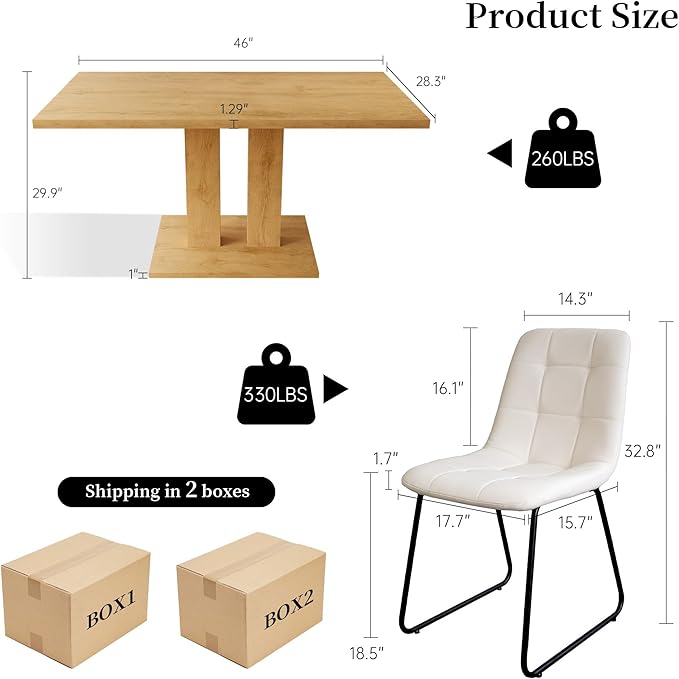 Dining Table Set for 4-6 People, 46 Inch Modern MDF Oak Kitchen Table with 4 Faux Leather Chairs, Rectangular Dining Room Table Set for Home, Small Spaces, Breakfast Nook (Oak Table + 4 White Chairs)
